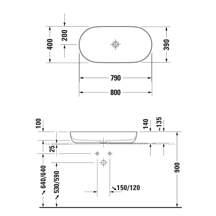 Duravit Luv Çanak Lavabo 80 cm — Teknik çizim