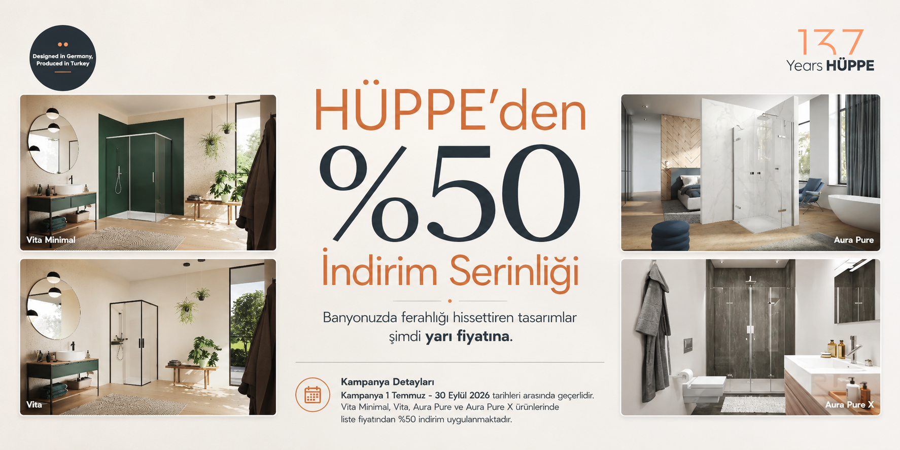 Hüppe Duşakabinlerde %50 İndirim