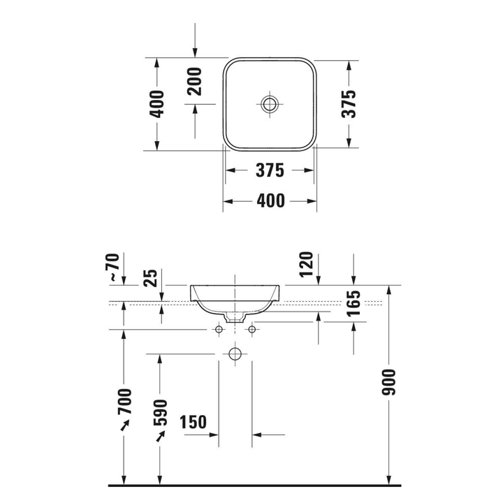 Duravit Happy D.2 Plus Tezgah Üstü Lavabo 40 cm — Teknik çizim