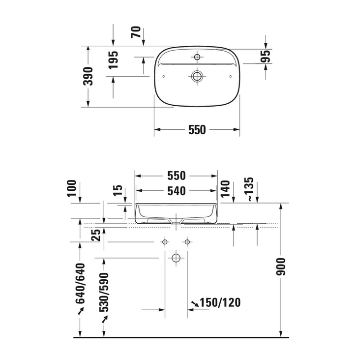 Duravit Zencha Çanak Lavabo 55 cm Batarya Banklı — Teknik çizim