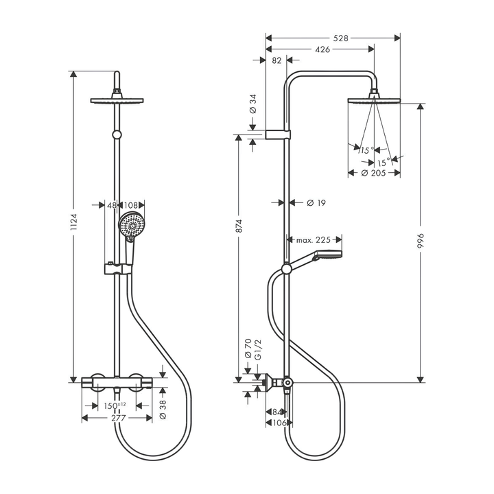 Hansgrohe Vernis Blend 200 Termostatik Duş Kolonu — Teknik çizim