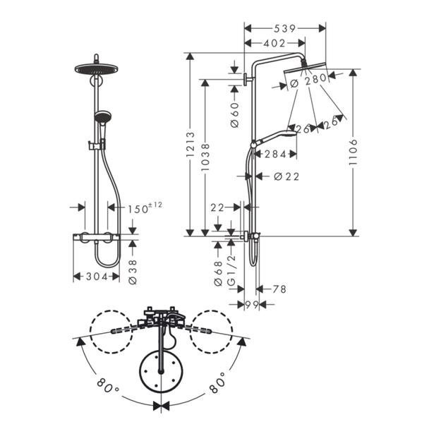 Hansgrohe Croma Select S 280 1jet Duş Kolonu Term Raindance Select S 120 3jet el duşu ile