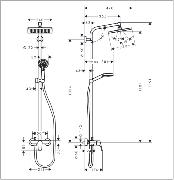 Hansgrohe Crometta S240 1 Jet Duş Kolonu — Teknik çizim