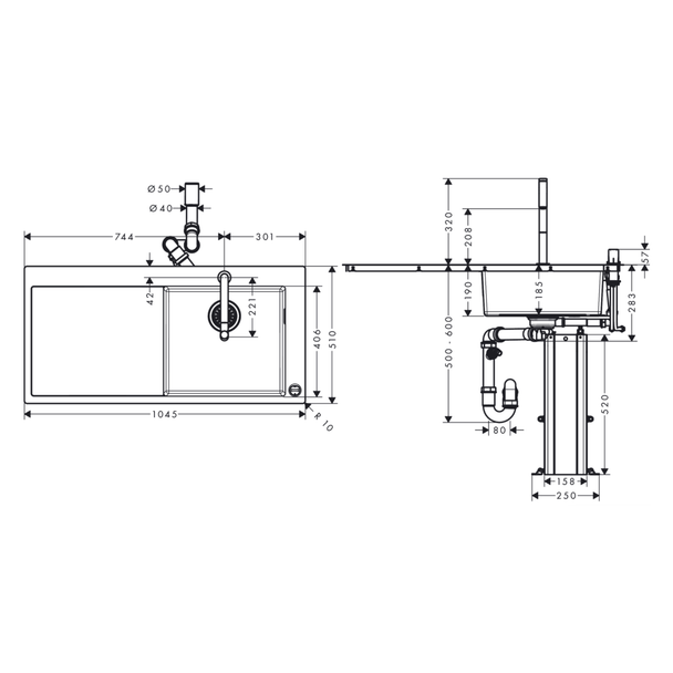 Hansgrohe C71-F450-07 Çelik Eviye Kombinasyonu 450 Select Sol Damlalıklı