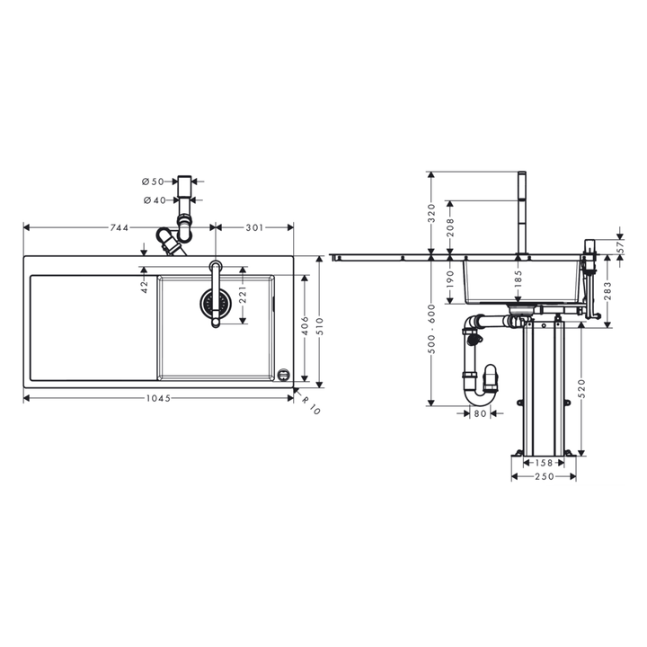 Hansgrohe C71-F450-07 Çelik Eviye Kombinasyonu 450 Select Sol Damlalıklı — Teknik çizim