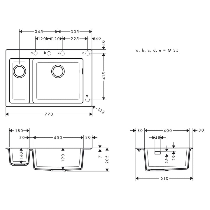 Hansgrohe S510-F635 Ankastre Granit Eviye 180/450 Taş Grisi — Teknik çizim