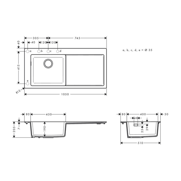 Hansgrohe S514-F450 Ankastre Granit Eviye 450 Sağ Damlalık Taş Grisi