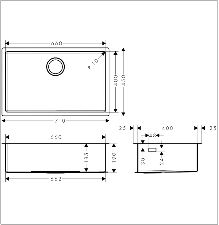 Hansgrohe S71-U660 Tezgah Altı Çelik Eviye 660 — Teknik çizim