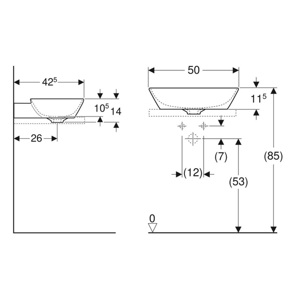 Geberit One Çanak Lavabo Dikey Çıkışlı 50 x 42,5 cm Batarya Delikli