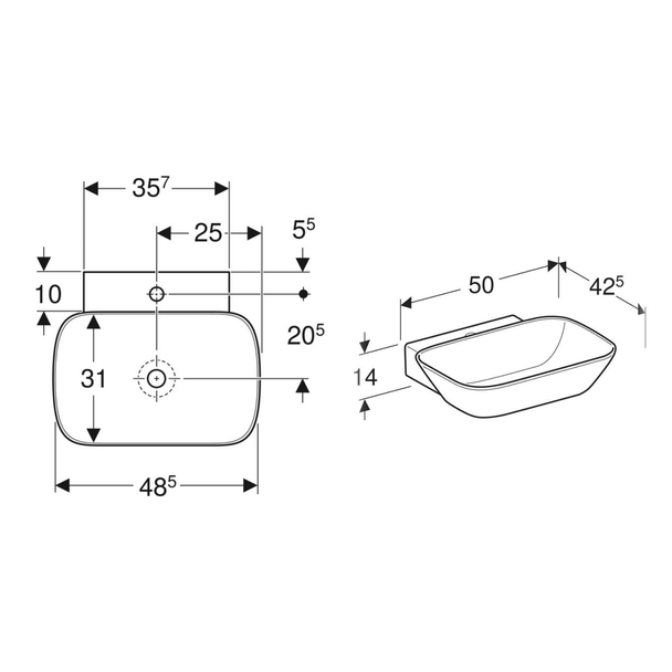 Geberit One Çanak Lavabo Dikey Çıkışlı 50 x 42,5 cm Batarya Delikli