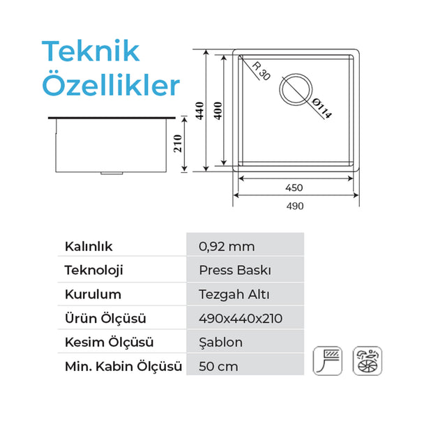 Crauf Venüs 49 x 44 Cm Tezgah Altı Eviye