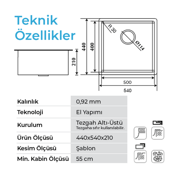 Crauf Venüs 54 x 44 Cm Tezgah Altı Eviye