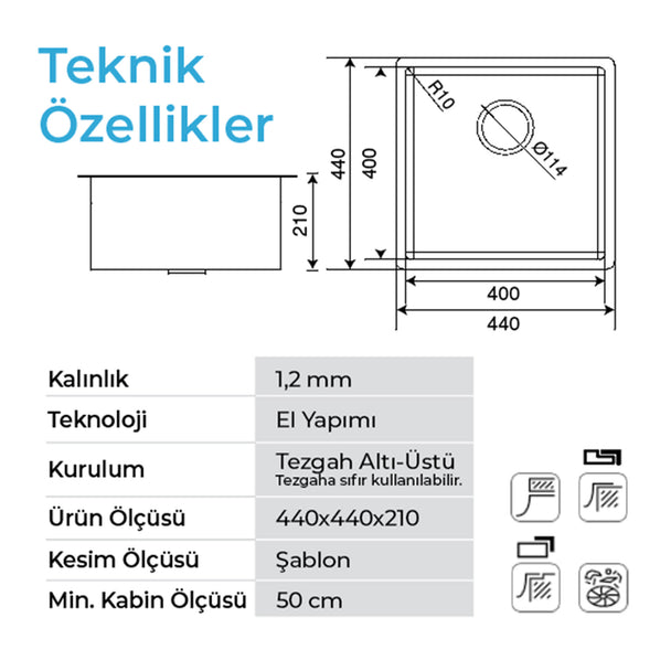 Crauf Stella 44 x 44 Cm Eviye Füme