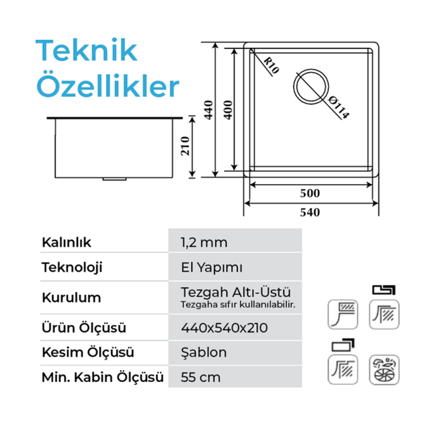 Crauf Stella 54 x 44 Cm Tezgah Altı Eviye