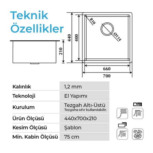 Crauf Stella 70 x 44 Cm Tezgah Altı Eviye