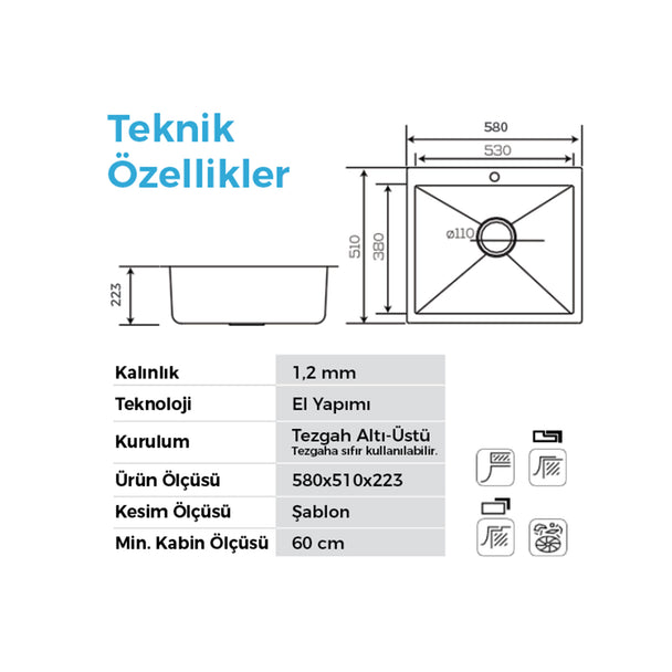 Crauf Poli 58 x 51 Cm Tezgah Altı Eviye