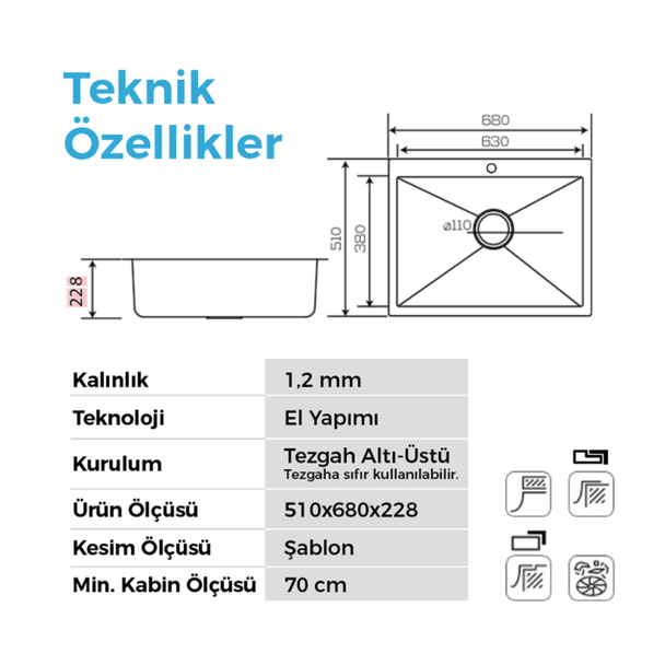 Crauf Poli 68 x 51 Cm Tezgah Altı Eviye