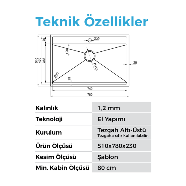 Crauf Poli 78 x 51 Cm Tezgah Altı Eviye