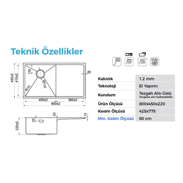 Crauf Via Bella 80 x 45 Cm Tezgah Altı Sağ/Sol Damlalıklı Eviye
