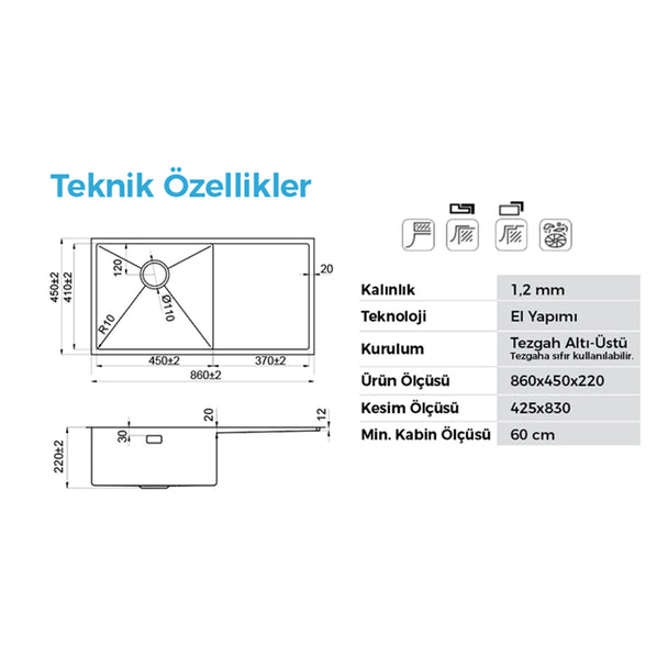 Crauf Via Bella 86 x 45 Cm Tezgah Altı Sağ/Sol Damlalıklı Eviye