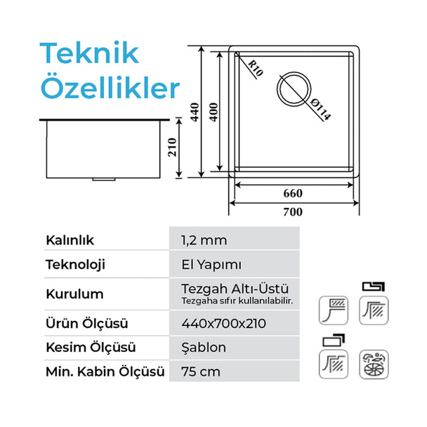 Crauf Stella 80 x 45 Cm Tezgah Altı Eviye
