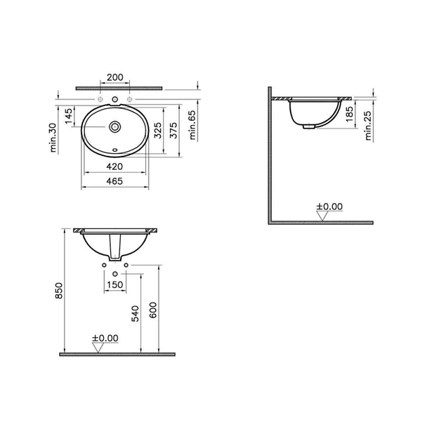Vitra S20 Oval Tezgah Altı Lavabo 42 cm teknik görsel