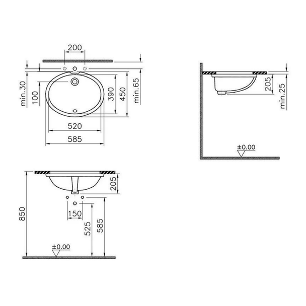 Vitra S20 Tezgah Altı Lavabo 52 cm teknik görsel