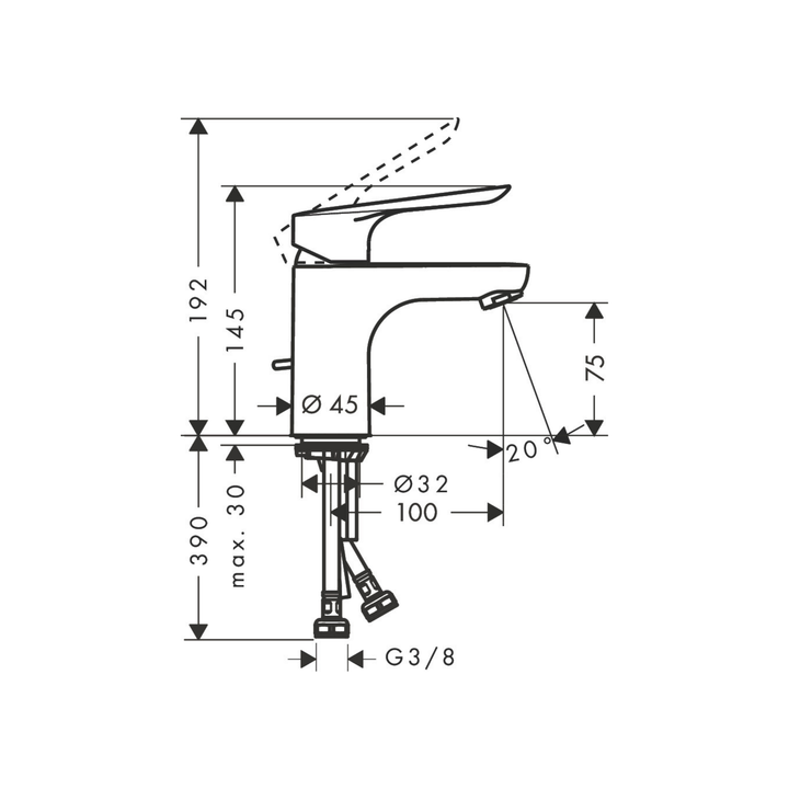 Hansgrohe Logis E Lavabo Bataryası 70 Sifon Kumandalı — Teknik çizim
