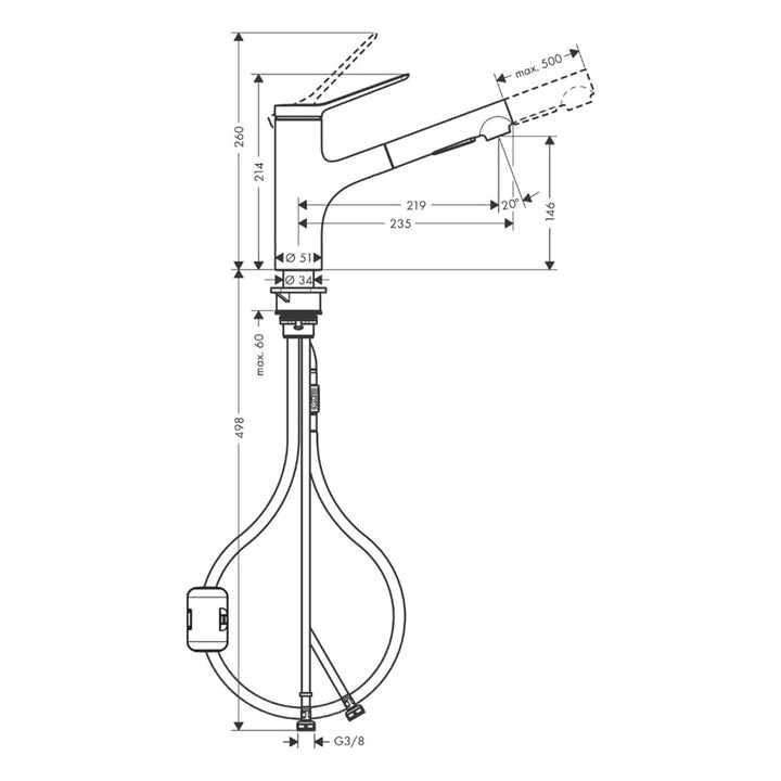 Hansgrohe Zesis M33 Paslanmaz Çelik Tek Kollu Eviye Bataryası 150 2 jet — Teknik çizim