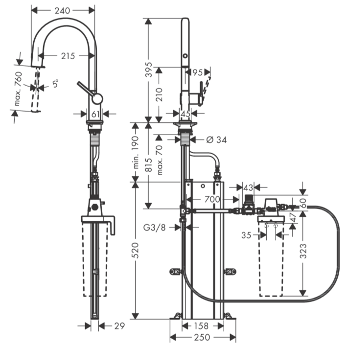 Hansgrohe Aqittura M91 Filtre Sistemi 210 1jet, sBox — Teknik çizim