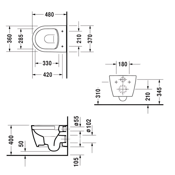 Duravit ME by Starck Asma Klozet Kanalsız 48 cm teknik görsel