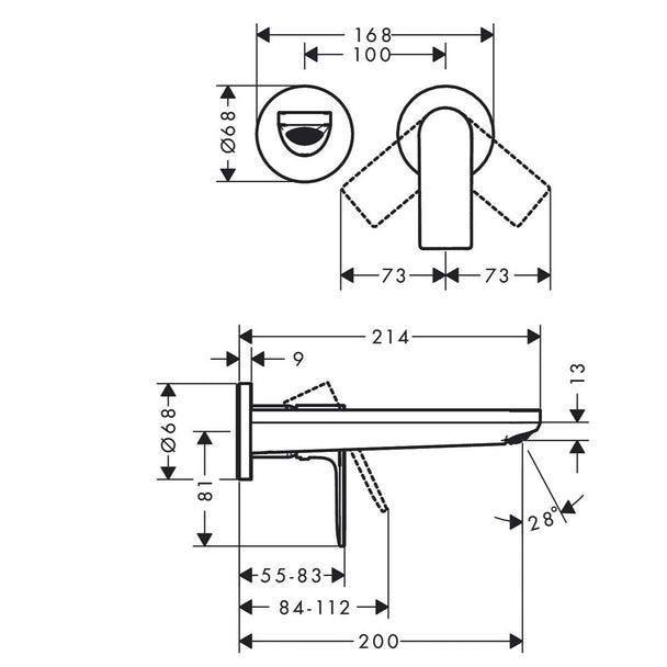 Hansgrohe Rebris E Ankastre Lavabo Bataryası teknik görsel