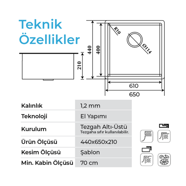 Crauf Stella 65 x 44 Cm Tezgah Altı Eviye
