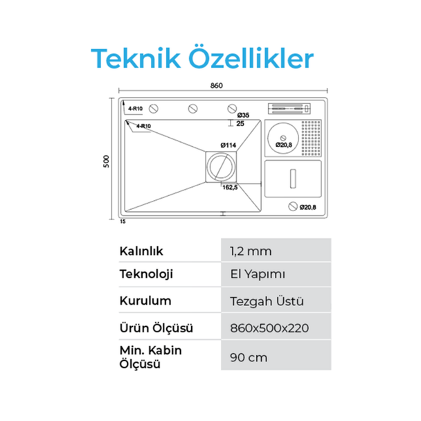 Crauf Lusso 86 x 50 Cm Tezgah Üstü Eviye