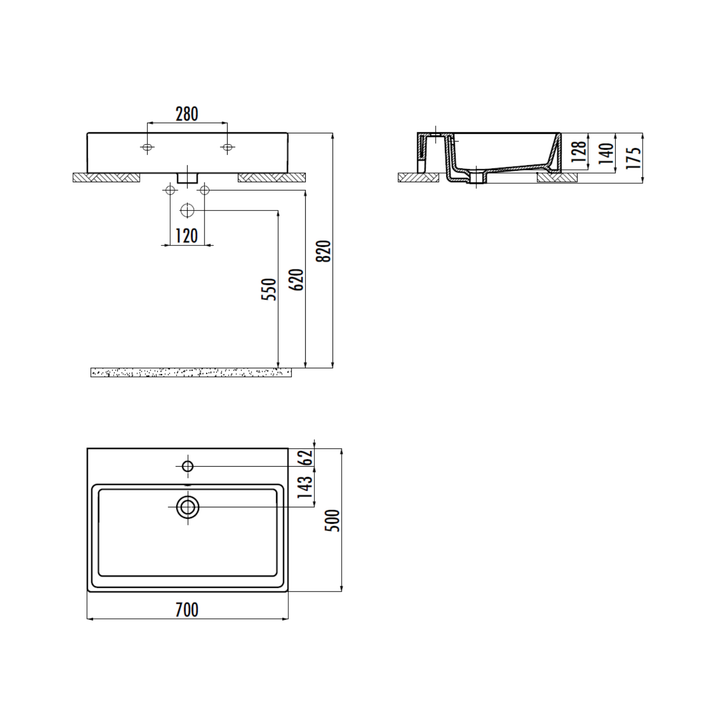 Creavit Next 50 x 70 cm Setüstü Lavabo — Teknik çizim