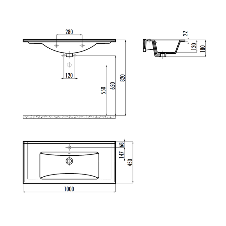 Creavit Su 45 x 100 cm Lavabo — Teknik çizim