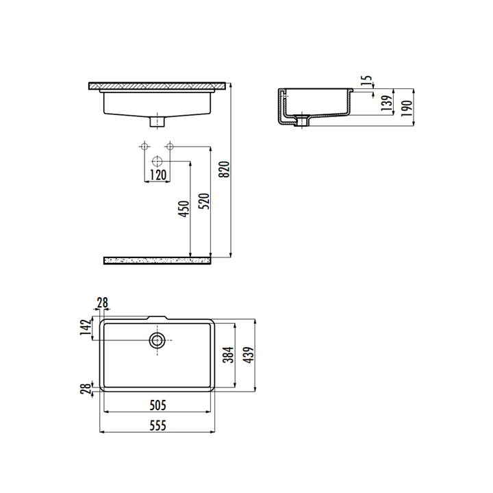 Creavit 38 x 51 cm Tezgah Altı Lavabo — Teknik çizim