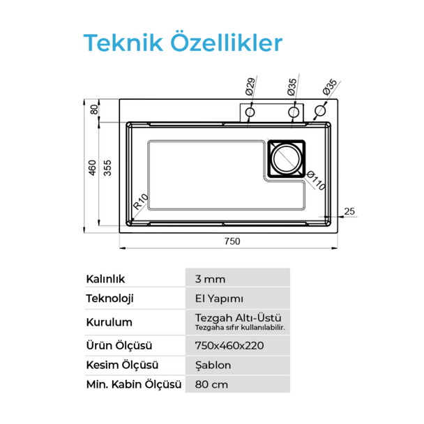 Crauf Dolce Vita 75 x 46 Cm Tezgah Üstü Eviye Takımı