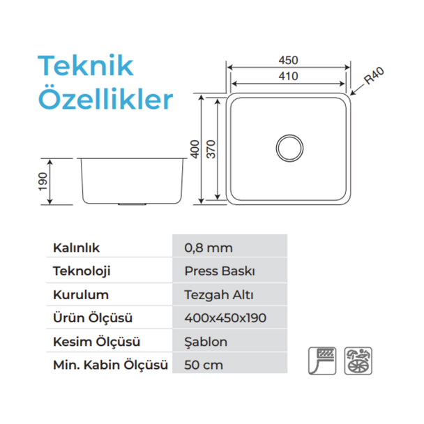 Crauf Lavello 45 x 40 Cm Tezgah Altı Eviye