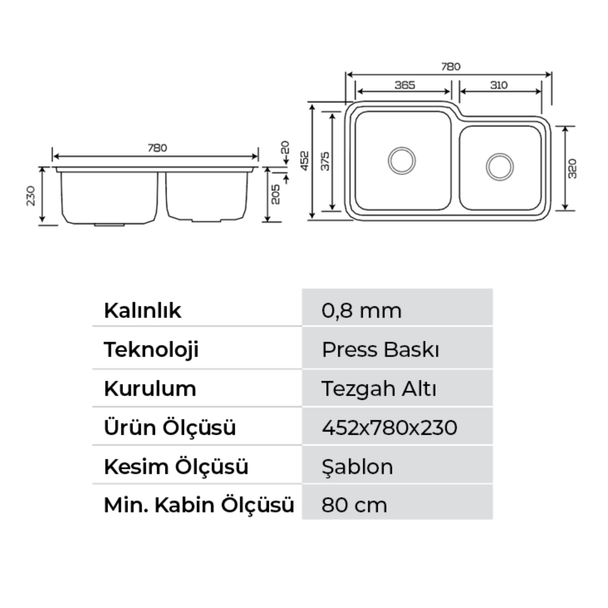 Crauf Lavello 78 x 45 Cm Tezgah Altı Eviye