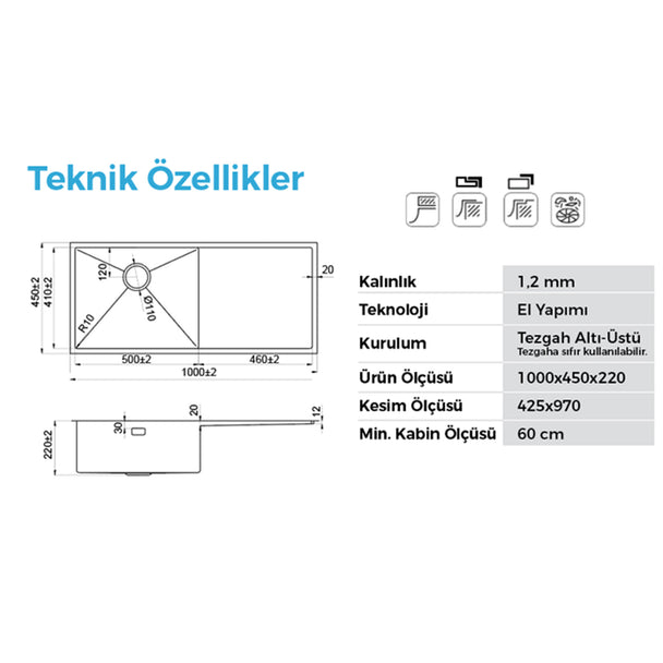 Crauf Via Bella 100 x 45 Cm Tezgah Altı Damlalıklı Eviye Sağ/Sol