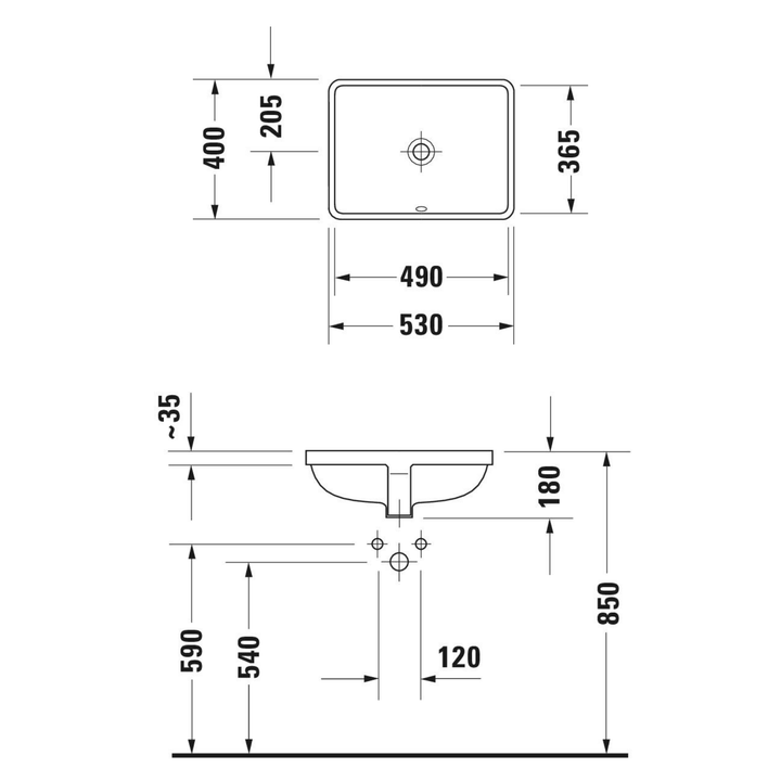 Duravit Starck 3 Tezgah Altı Lavabo 49 cm — Teknik çizim