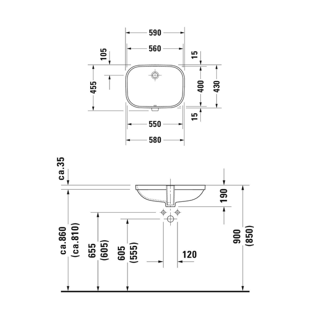 Duravit D-Code Tezgah Altı Lavabo 56 cm teknik görsel