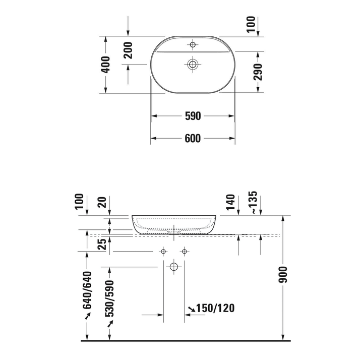 Duravit Luv Çanak Lavabo Batarya Delikli 60 cm — Teknik çizim