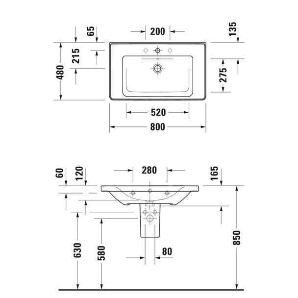 Duravit D-Neo Etajerli Lavabo 80 cm teknik görsel 2