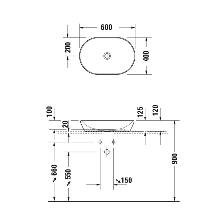 Duravit D-Neo Çanak Lavabo 60 cm Mat Antrasit — Teknik çizim