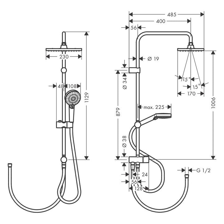 Hansgrohe Vernis Shape 230 Reno Duş Kolonu  Ecosmart Satin Siyah — Teknik çizim