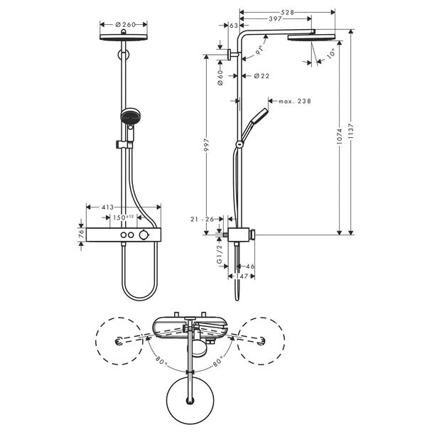 Hansgrohe Pulsify S Duş Kolonu 260 1jet Ecosmart  Krom Teknik