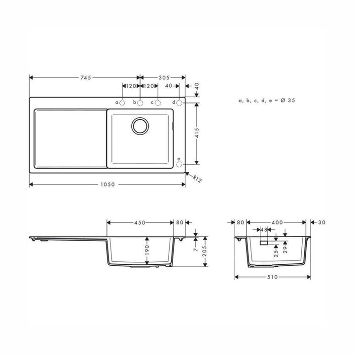 Hansgrohe S514-F450 Ankastre Granit Eviye 450 Sol Damlalık Grafit Siyahı — Teknik çizim