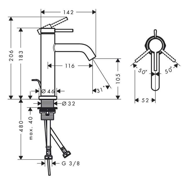 Hansgrohe Tecturis S Lavabo Bataryası 110 — Teknik çizim